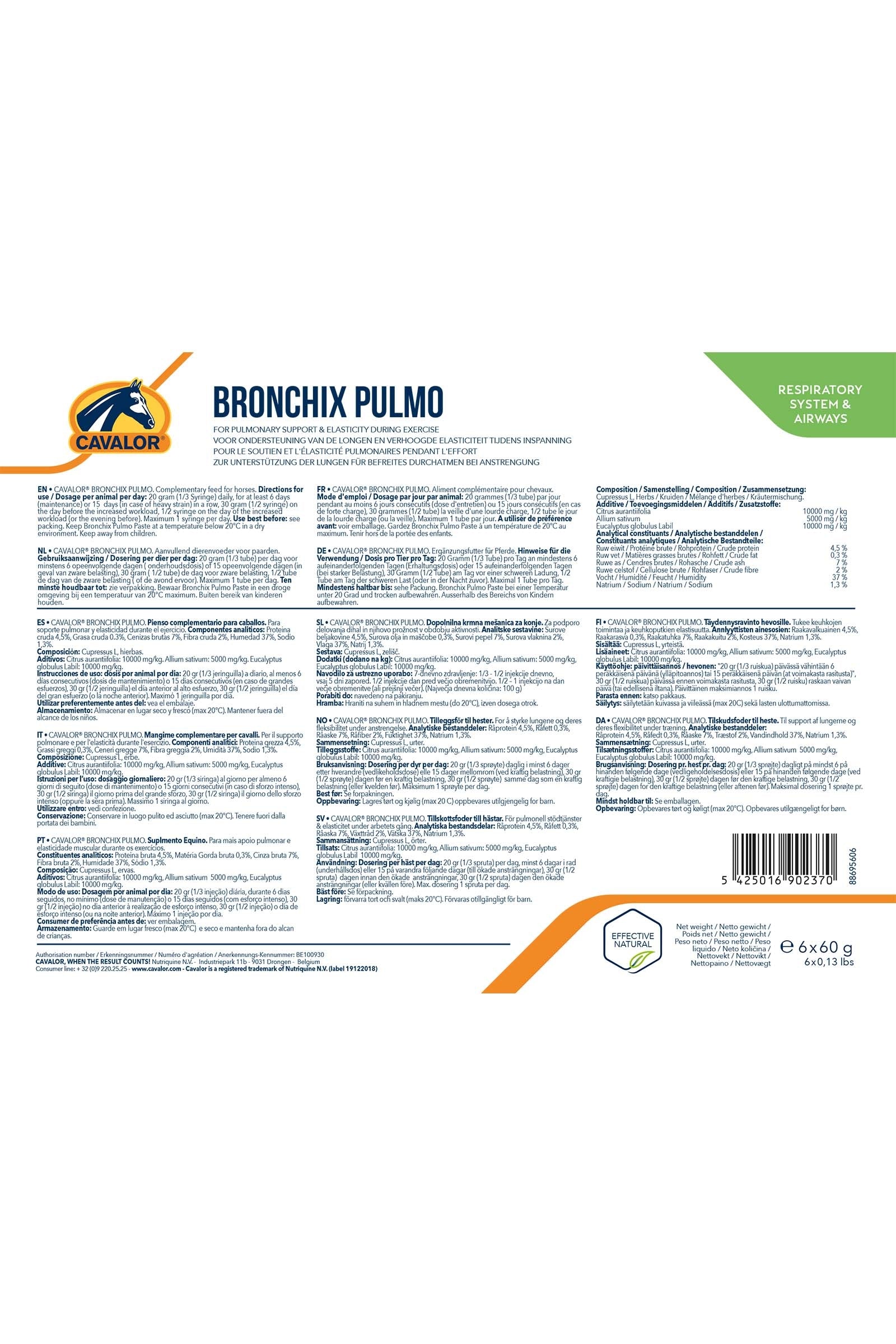 Cavalor Bronchix Pulmo Paste, Respiratory Sytem, 6x60g Horse Feed & Nutrition
